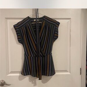 Blue and Brown Wrap Tie Front Blouse